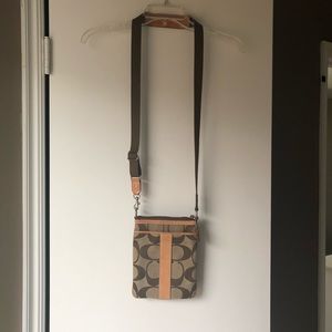 Coach signature print sling with tan leather
